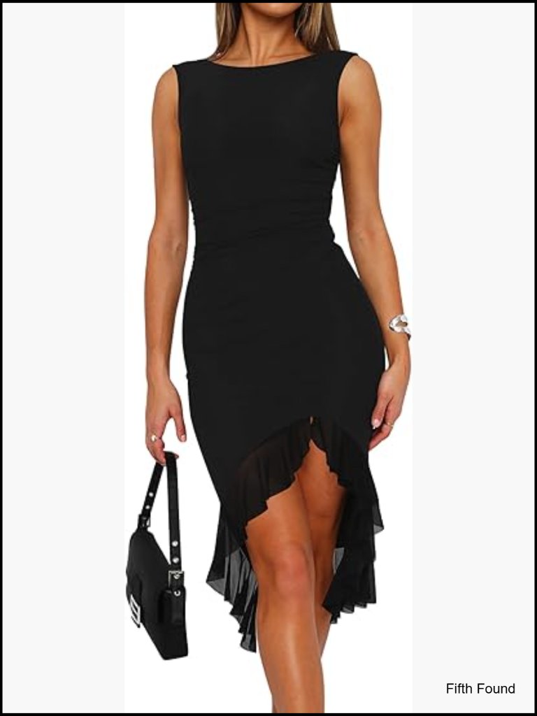 Sexy Ruched Bodycon Midi Dress Sleeveless Backless Ruffle Hem Cocktail Party